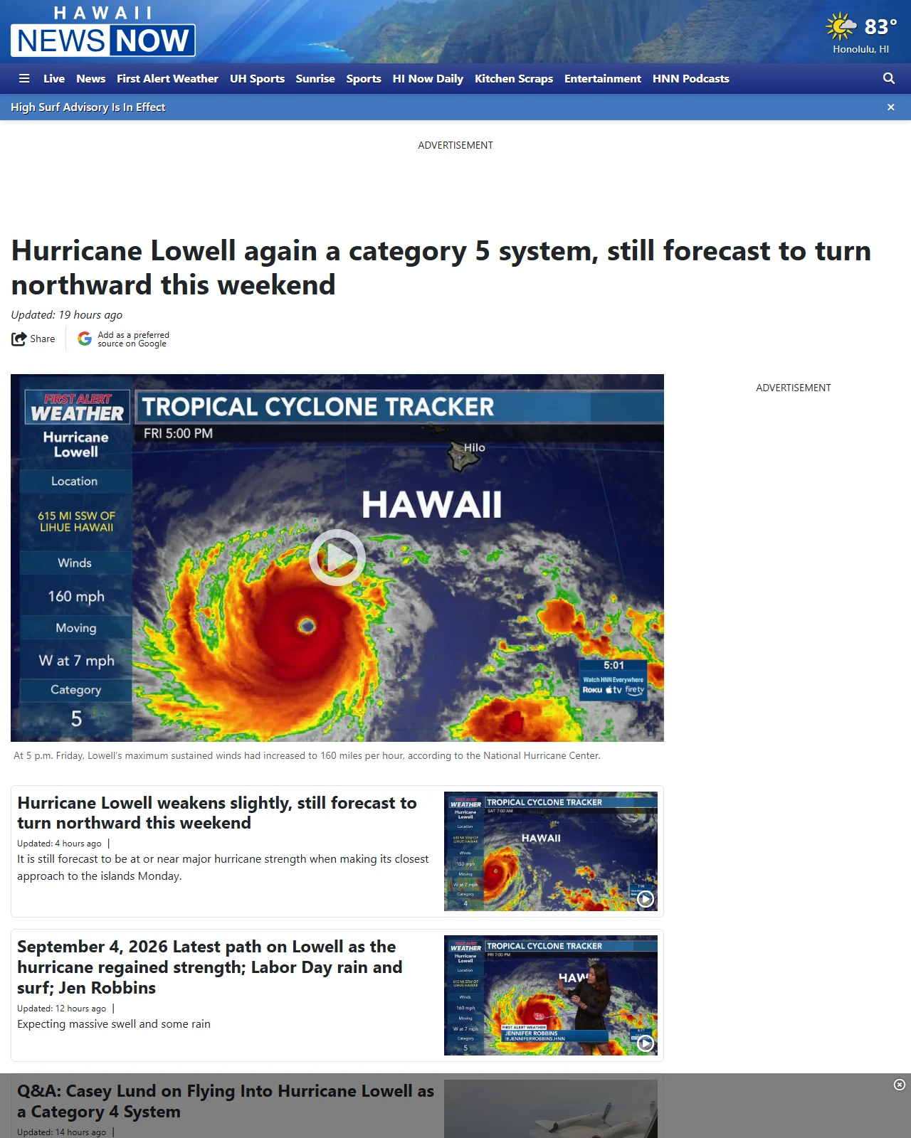 hawaiinewsnow.com as published: Hurricane Lowell again a category 5 system, still forecast to turn northward this weekend