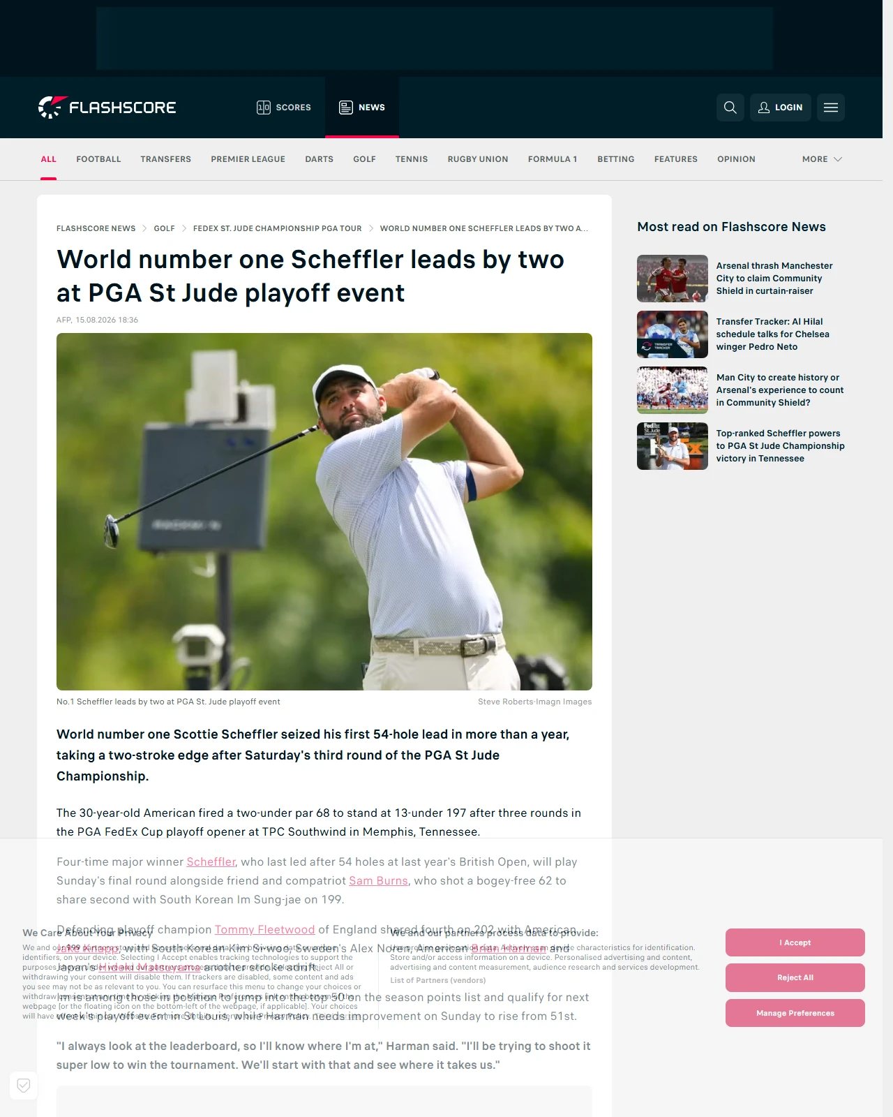 flashscore.co.uk as published: World number one Scheffler leads by two at PGA St Jude playoff event