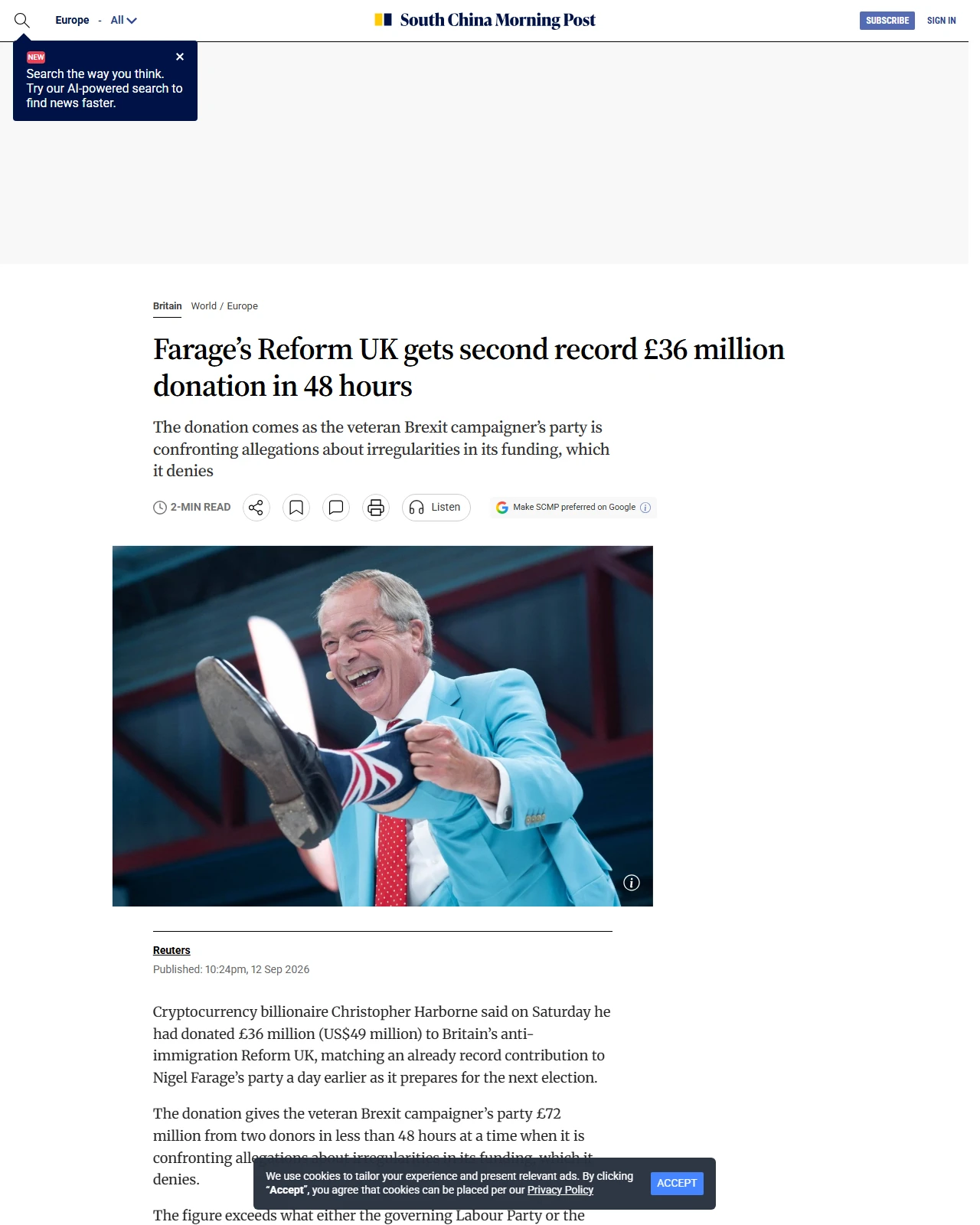 scmp.com as published: Farage’s Reform UK gets second record £36 million donation in 48 hours