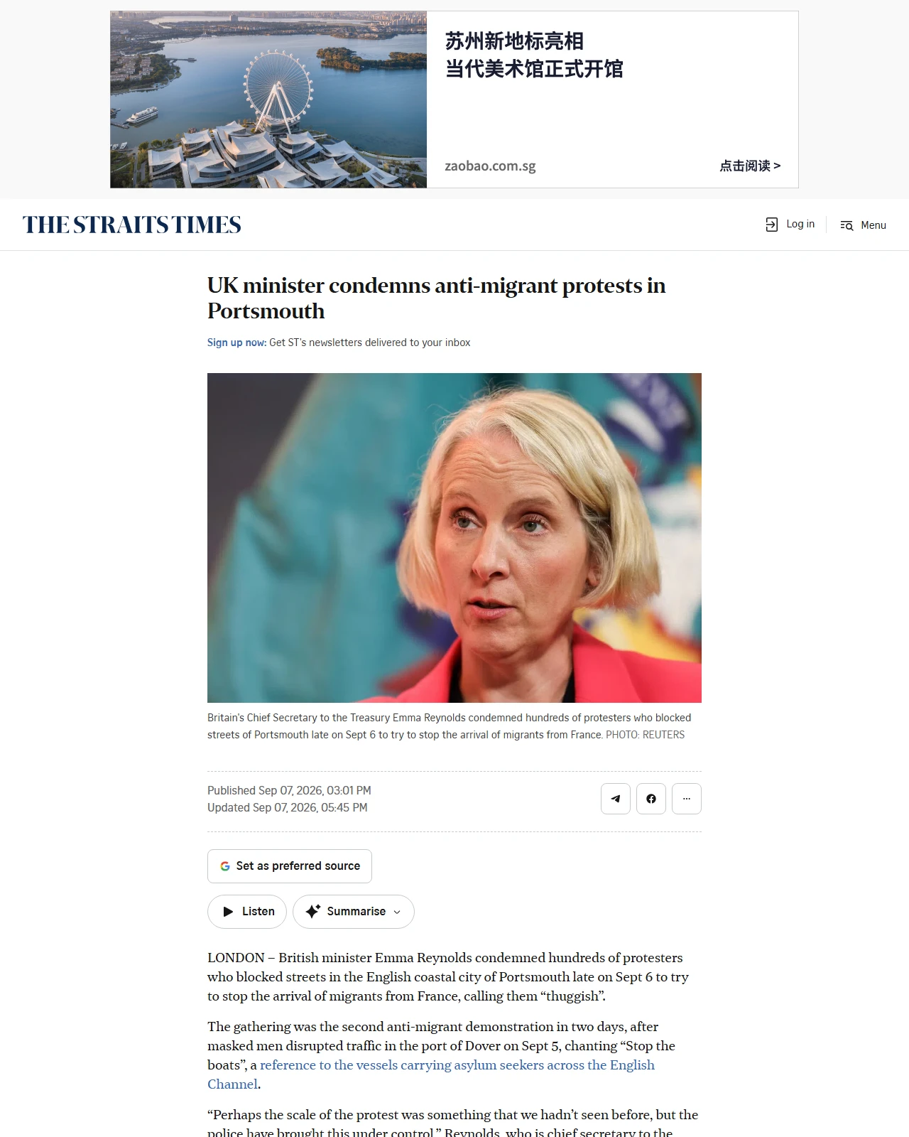 straitstimes.com as published: UK minister condemns anti-migrant protests in Portsmouth