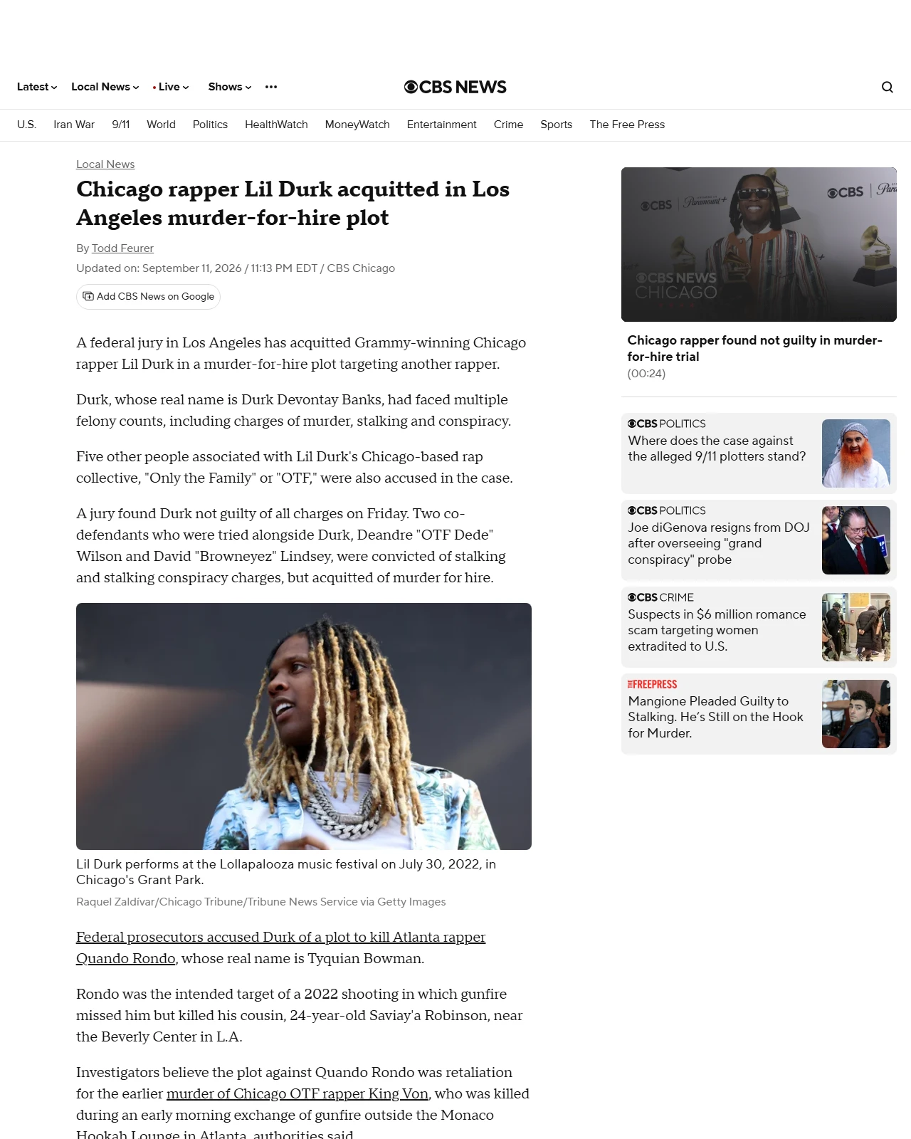 cbsnews.com as published: Chicago rapper Lil Durk acquitted in Los Angeles murder-for-hire plot