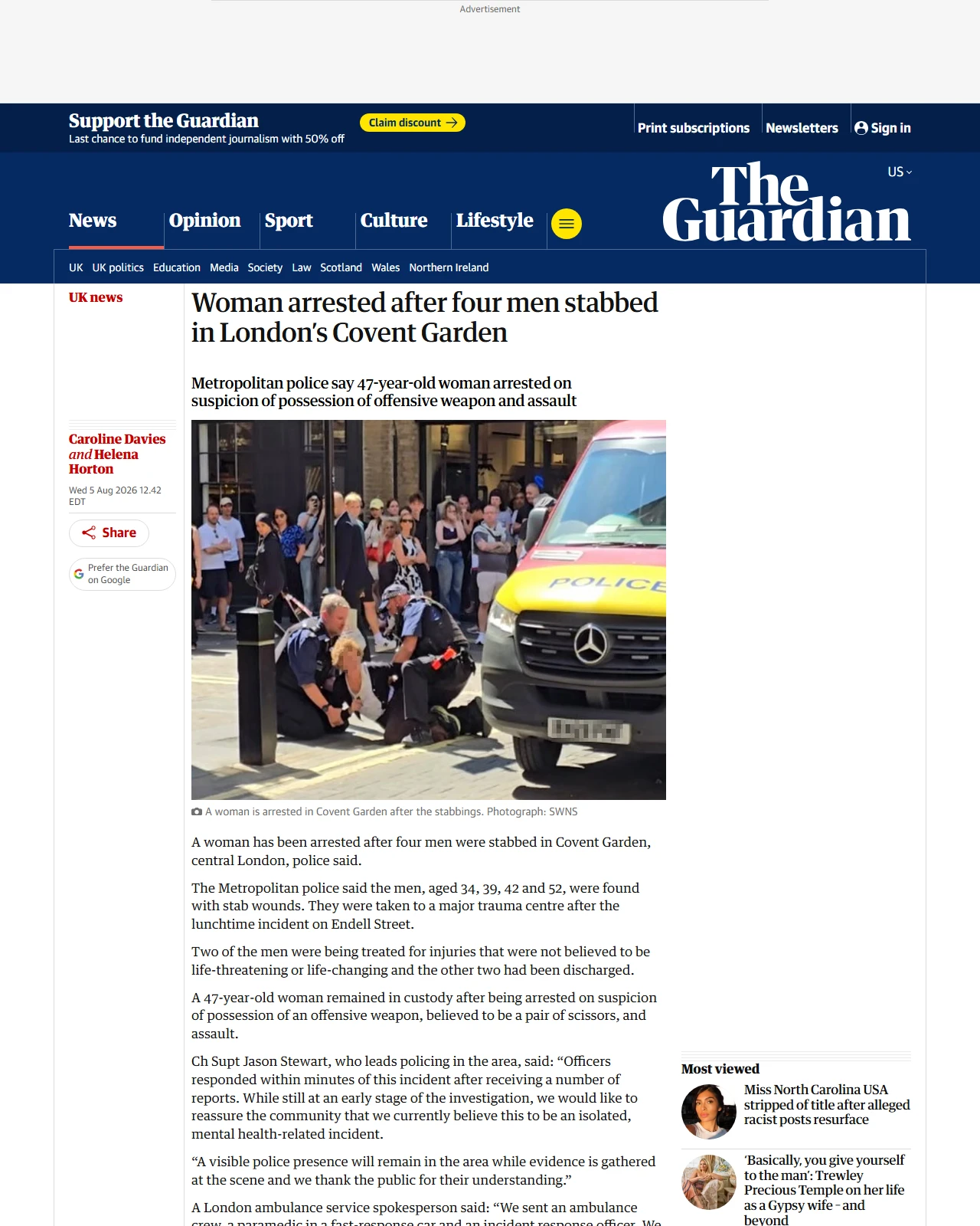 theguardian.com as published: Woman arrested after four men stabbed in London’s Covent Garden