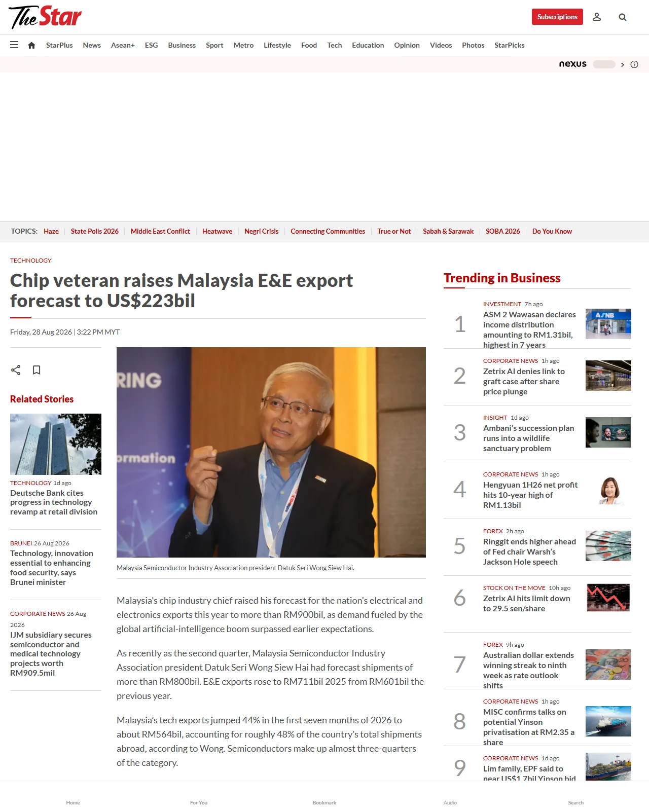 thestar.com.my as published: Chip veteran raises Malaysia E&E export forecast to US$223bil