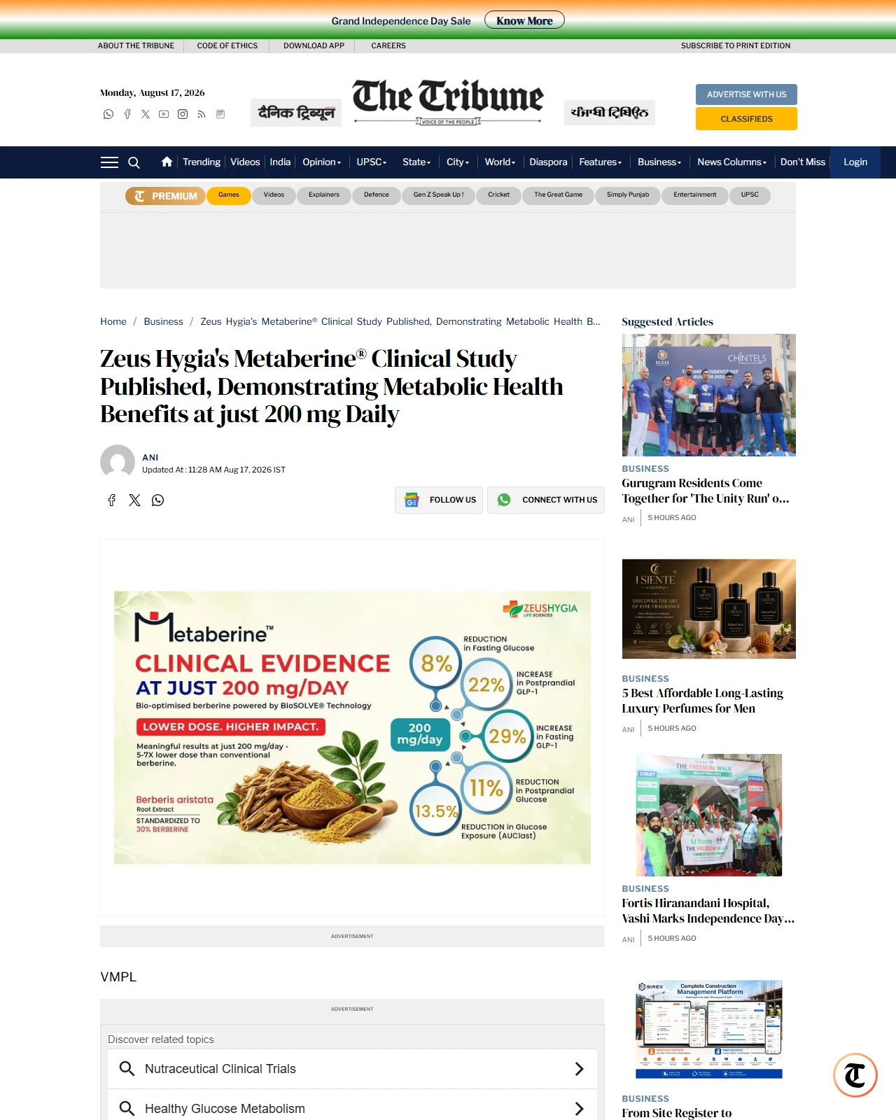 tribuneindia.com as published: Zeus Hygias Metaberine® Clinical Study Published, Demonstrating Metabolic Health Benefits at just 200 mg Daily
