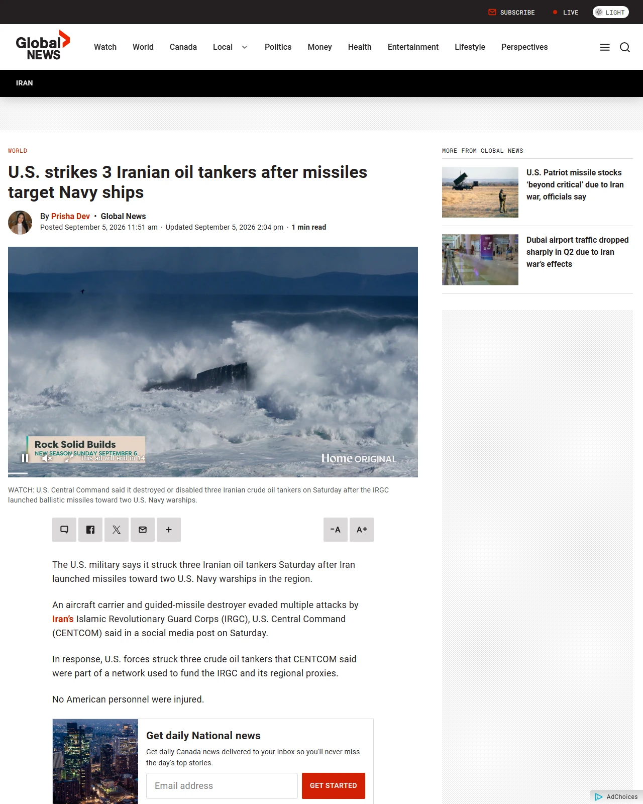 globalnews.ca as published: U.S. strikes 3 Iranian oil tankers after missiles target Navy ships