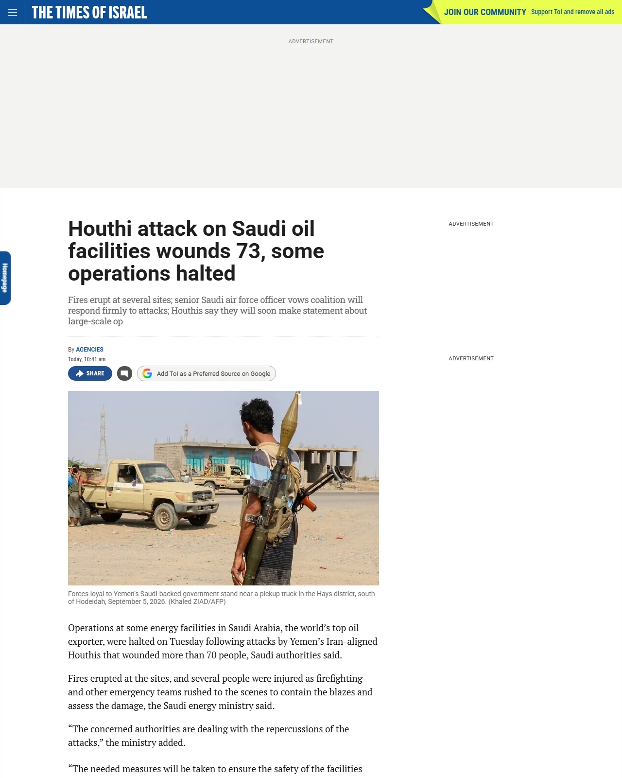 timesofisrael.com as published: Houthi attack on Saudi oil facilities wounds 73, some operations halted