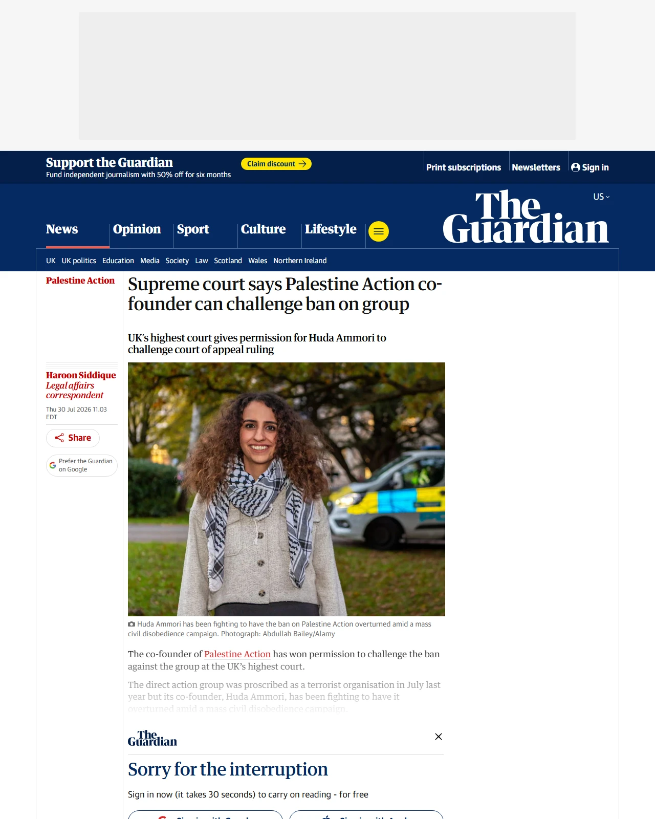theguardian.com as published: Supreme court says Palestine Action co-founder can challenge ban on group