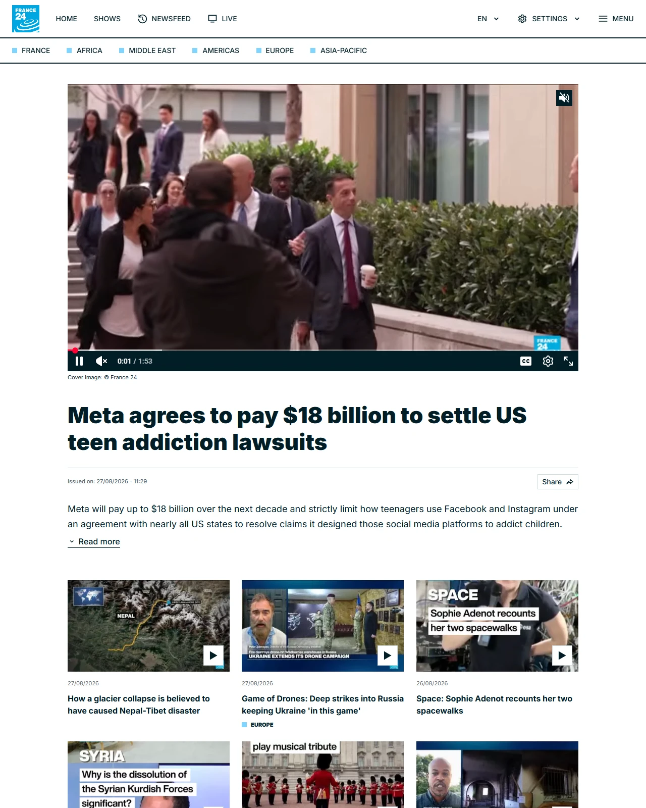 france24.com as published: Meta agrees to pay $18 billion to settle US teen addiction lawsuits