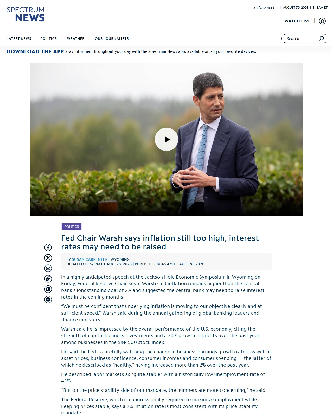 spectrumlocalnews.com as published: Fed Chair Warsh says inflation still too high, interest rates may need to be raised