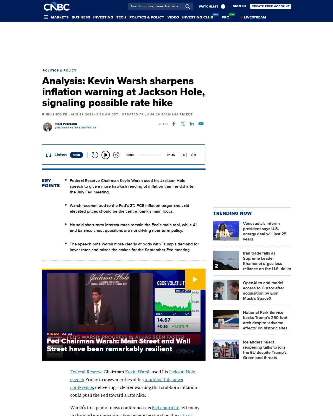 cnbc.com as published: Analysis: Kevin Warsh sharpens inflation warning at Jackson Hole, signaling possible rate hike