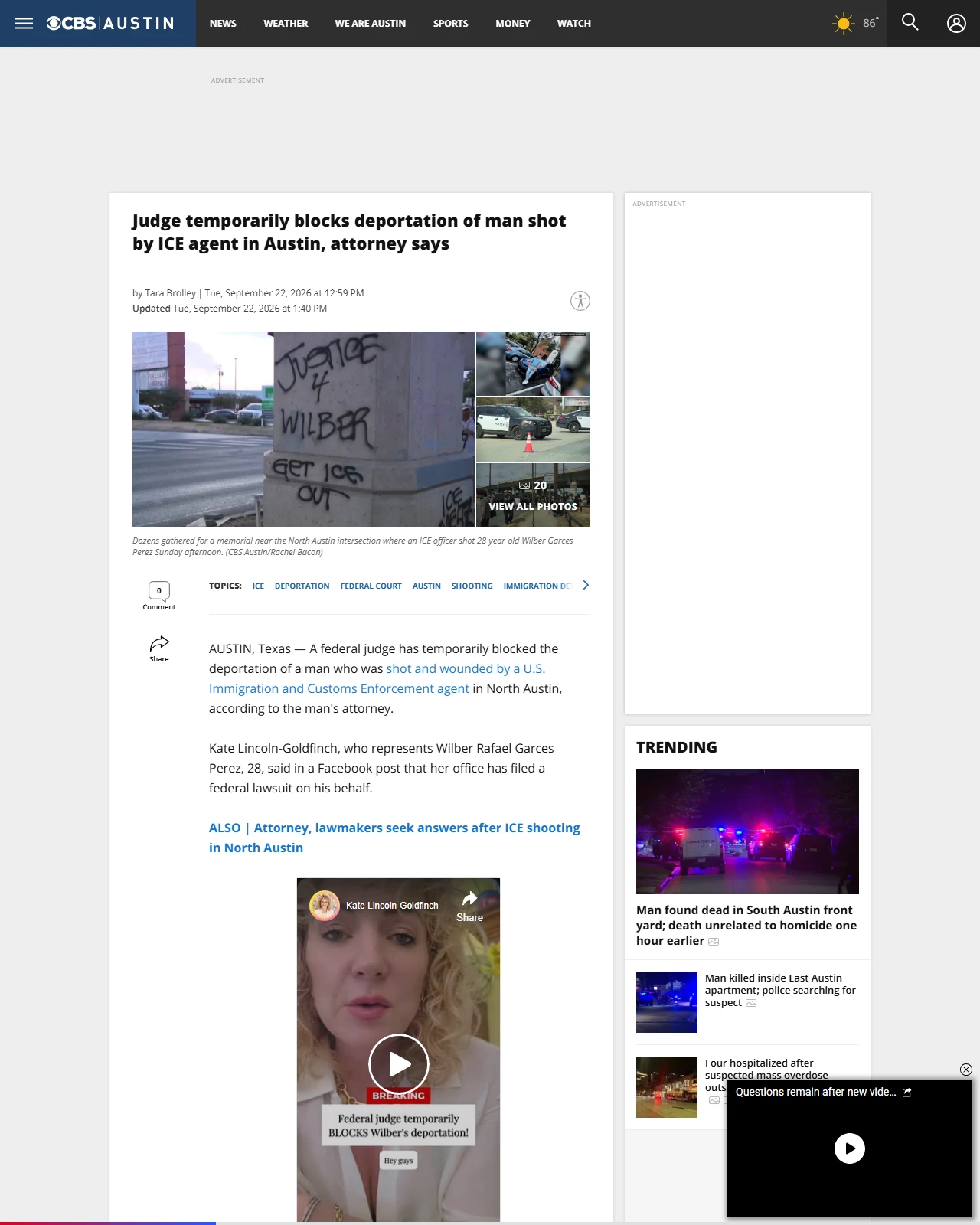 cbsaustin.com as published: Judge temporarily blocks deportation of man shot by ICE agent in Austin, attorney says