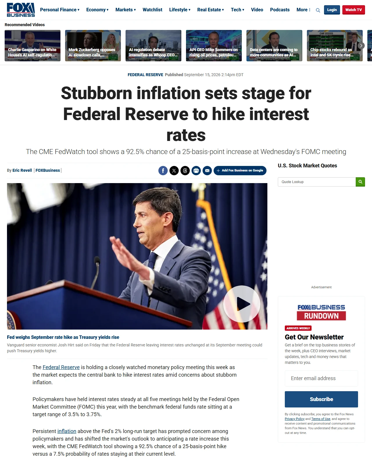 foxbusiness.com as published: Stubborn inflation sets stage for Federal Reserve to hike interest rates