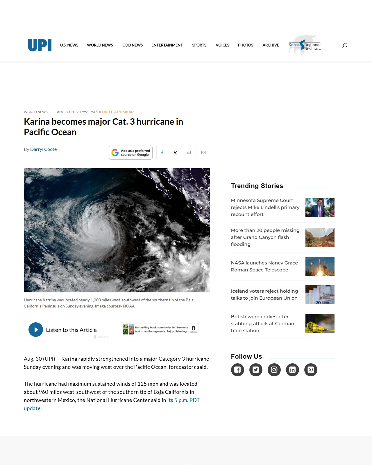 upi.com as published: Karina becomes major Cat. 3 hurricane in Pacific Ocean