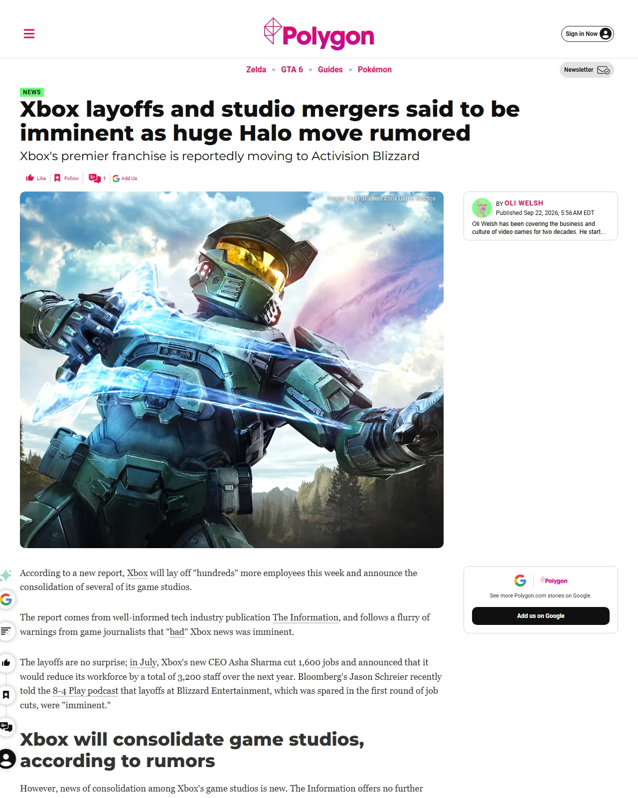polygon.com as published: Xbox Layoffs and Studio Mergers Said to be Imminent as Huge Halo Move Rumored