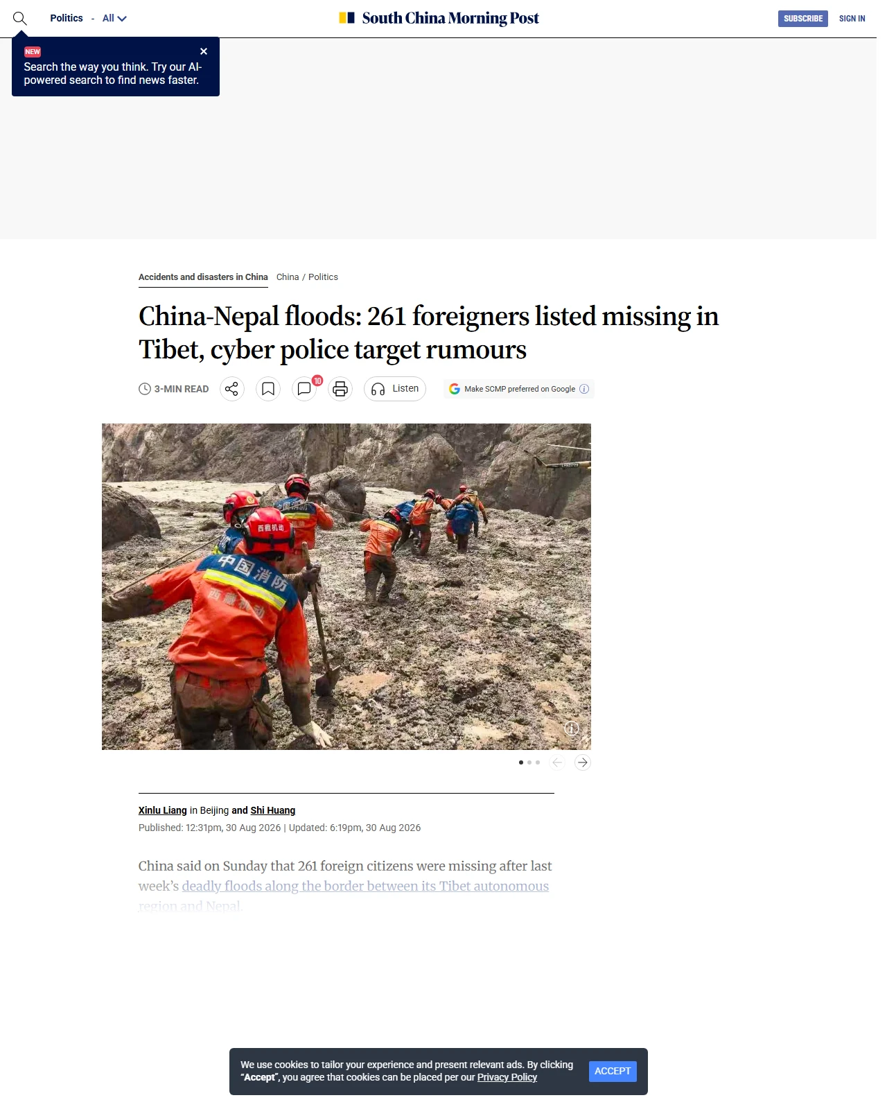scmp.com as published: China-Nepal floods: 261 foreigners listed missing in Tibet, cyber police target rumours