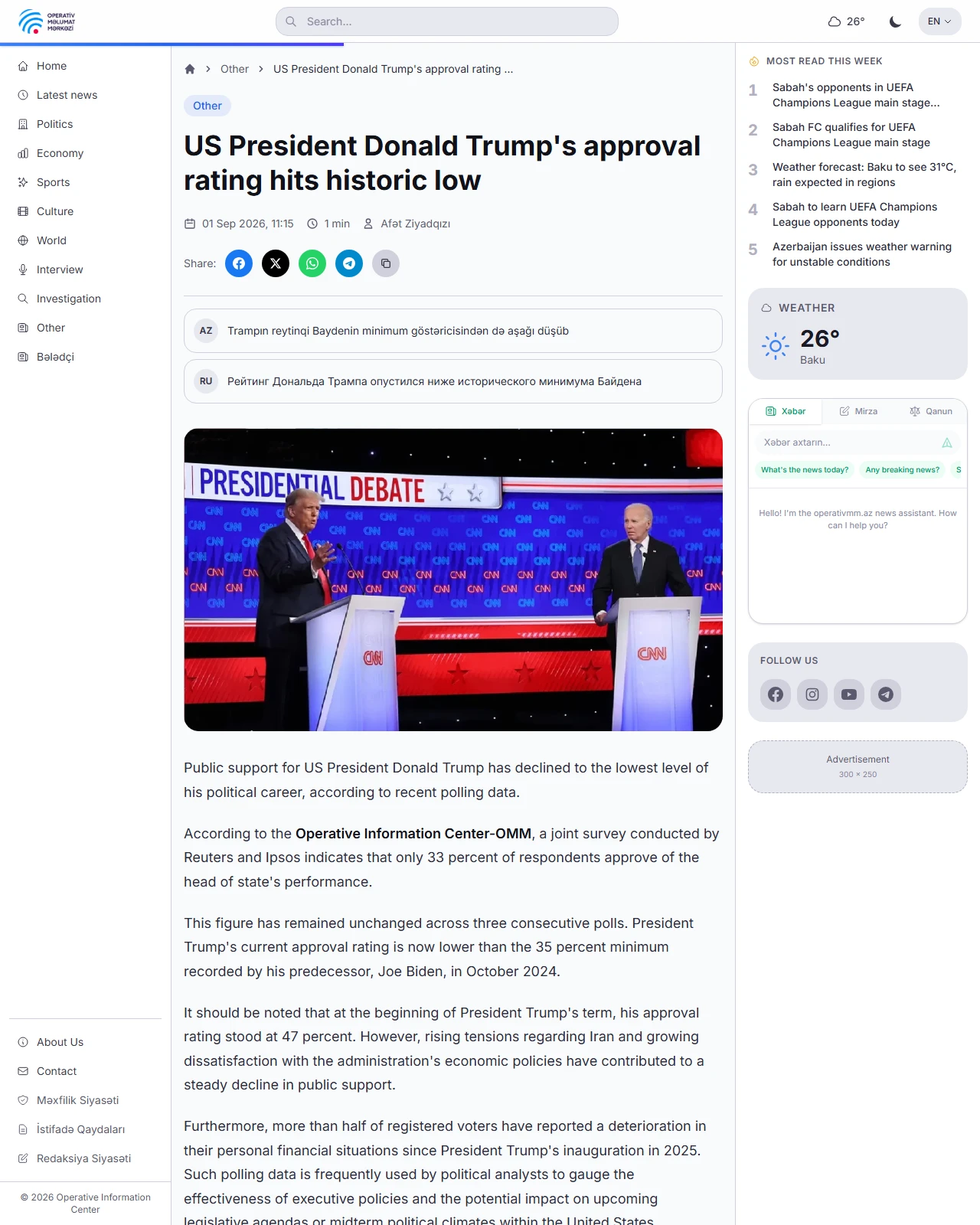 operativmm.az as published: US President Donald Trump's approval rating hits historic low