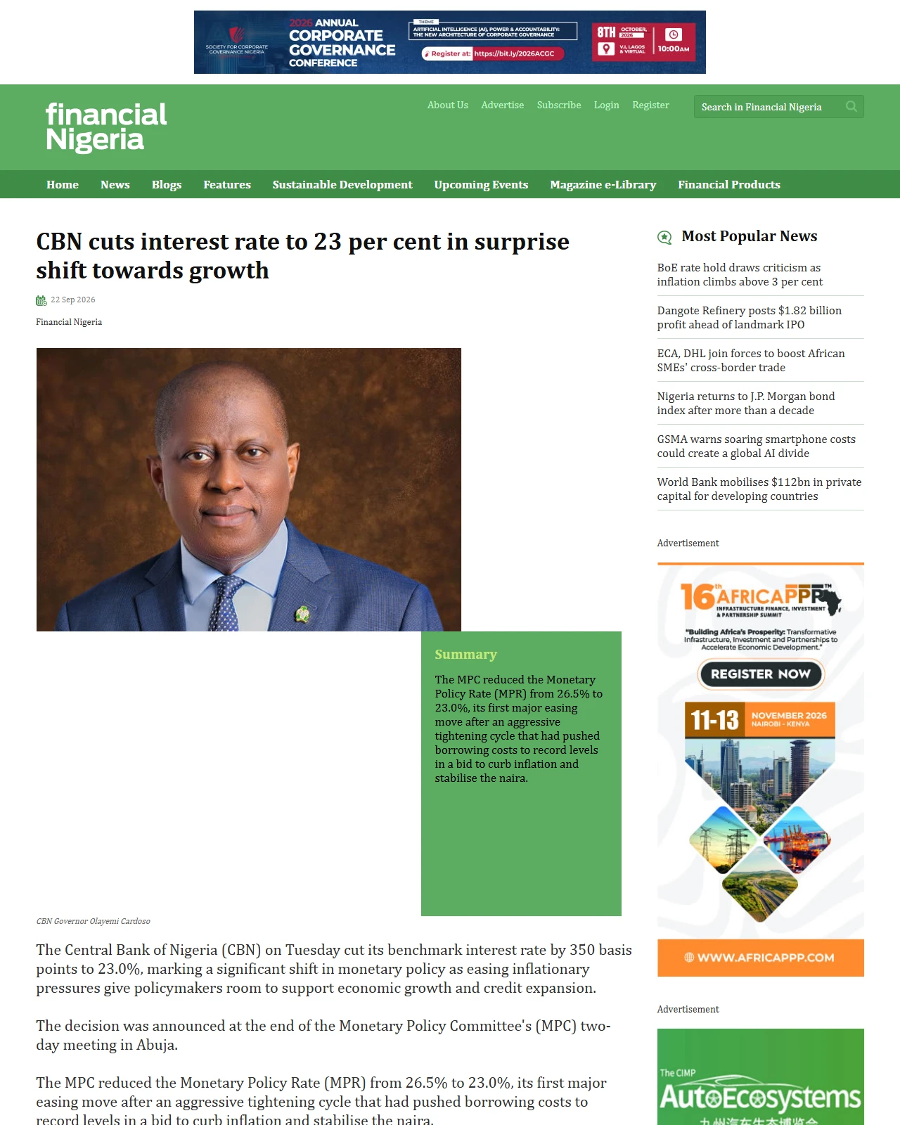 financialnigeria.com as published: CBN cuts interest rate to 23 per cent in surprise shift towards growth