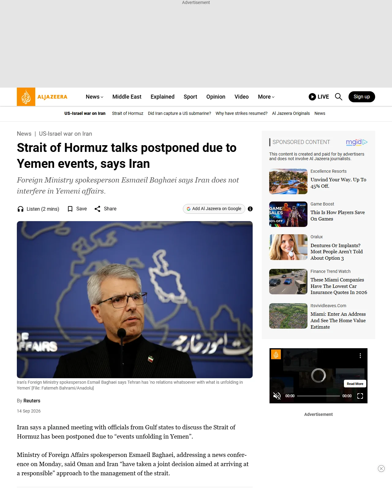 aljazeera.com as published: Strait of Hormuz talks postponed due to Yemen events, says Iran