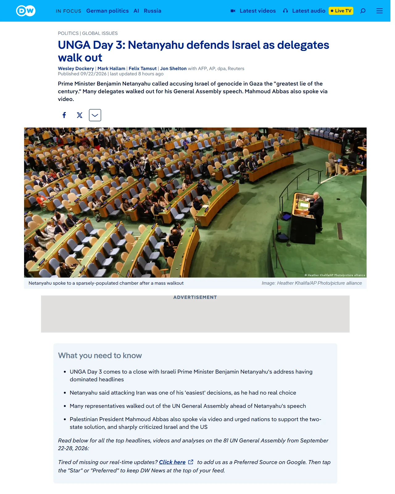 dw.com as published: UNGA Day 3: Netanyahu defends Israel as delegates walk out