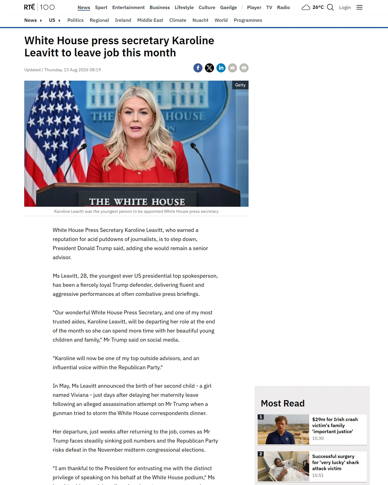 rte.ie as published: Leavitt to leave US press secretary job this month