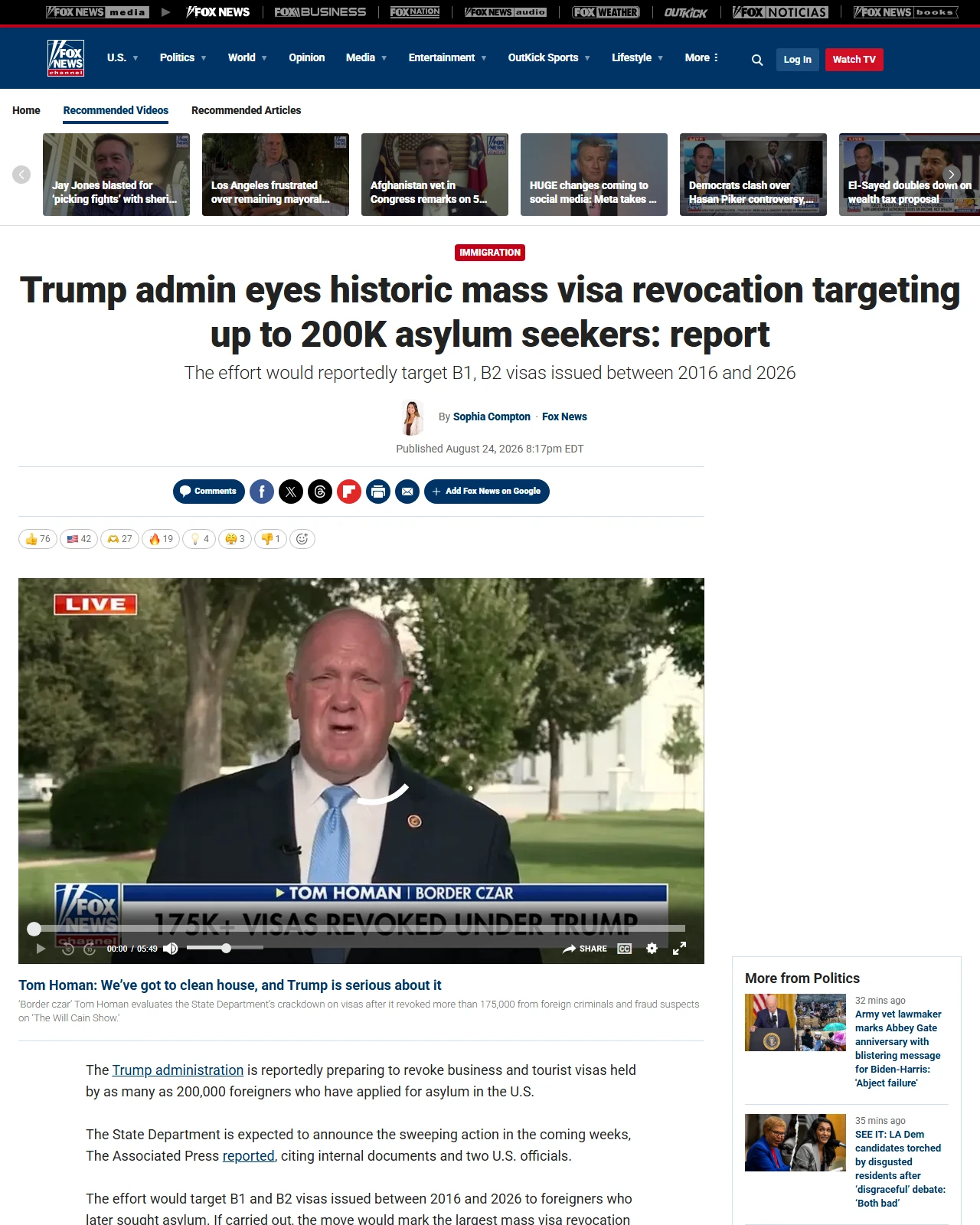 foxnews.com as published: Trump admin eyes historic mass visa revocation targeting up to 200K asylum seekers: report