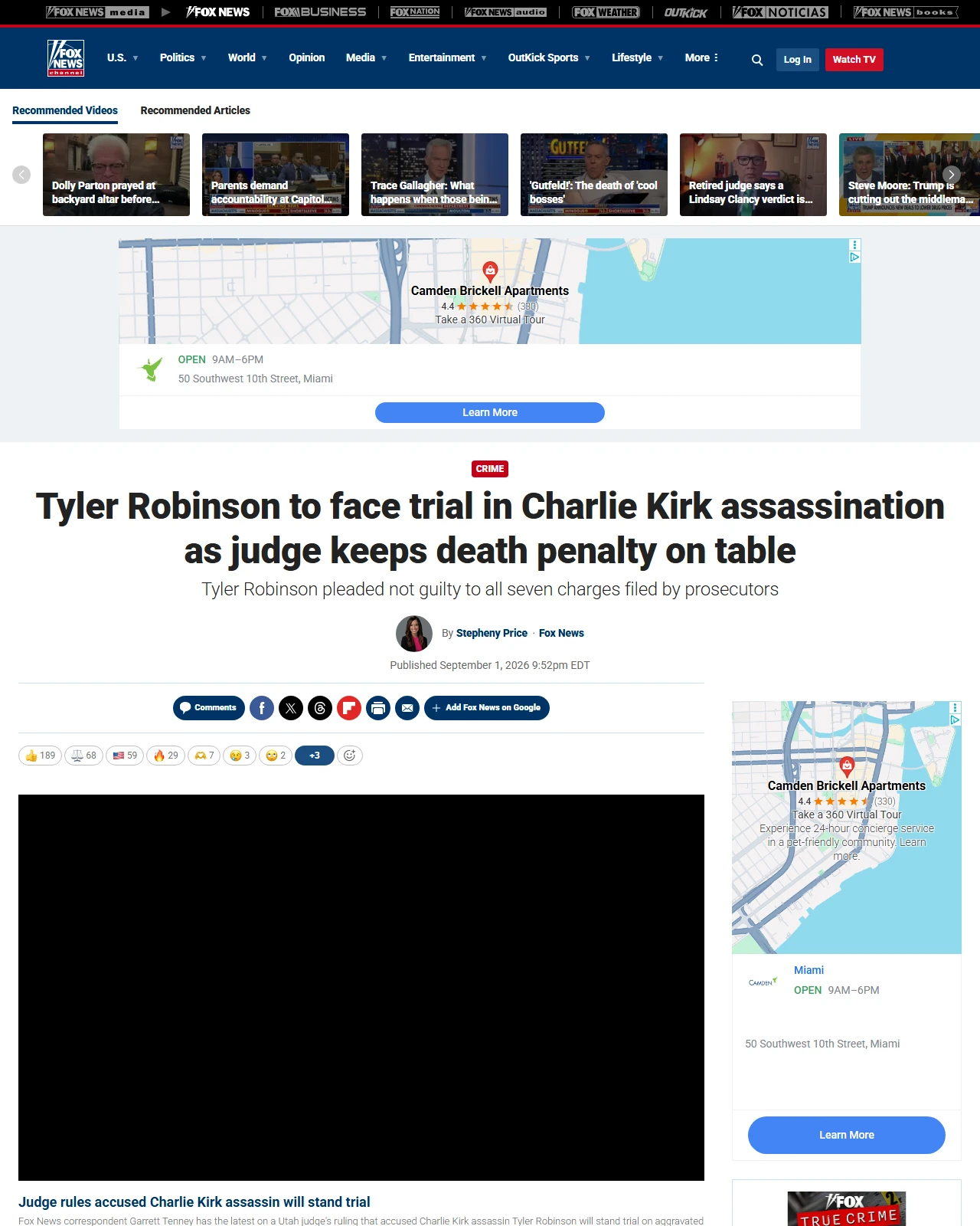 foxnews.com as published: Tyler Robinson to face trial in Charlie Kirk assassination as judge keeps death penalty on table