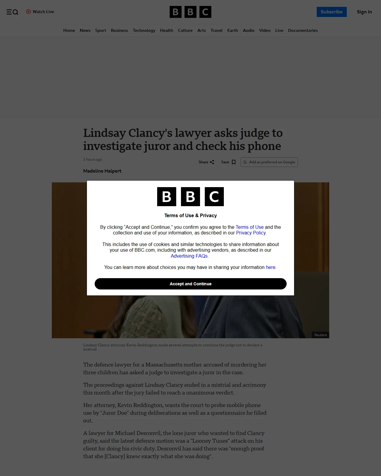 bbc.co.uk as published: Lindsay Clancy's lawyer asks judge to investigate juror and check his phone