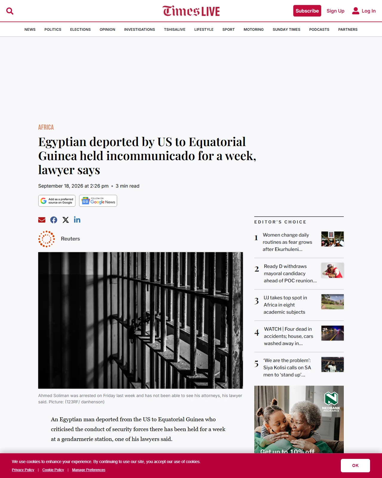 timeslive.co.za as published: Egyptian deported by US to Equatorial Guinea held incommunicado for a week, lawyer says