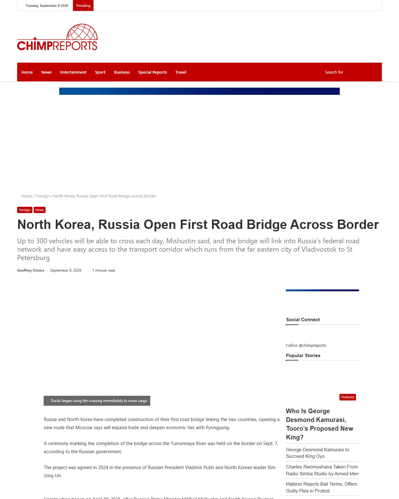 chimpreports.com as published: North Korea, Russia Open First Road Bridge Across Border