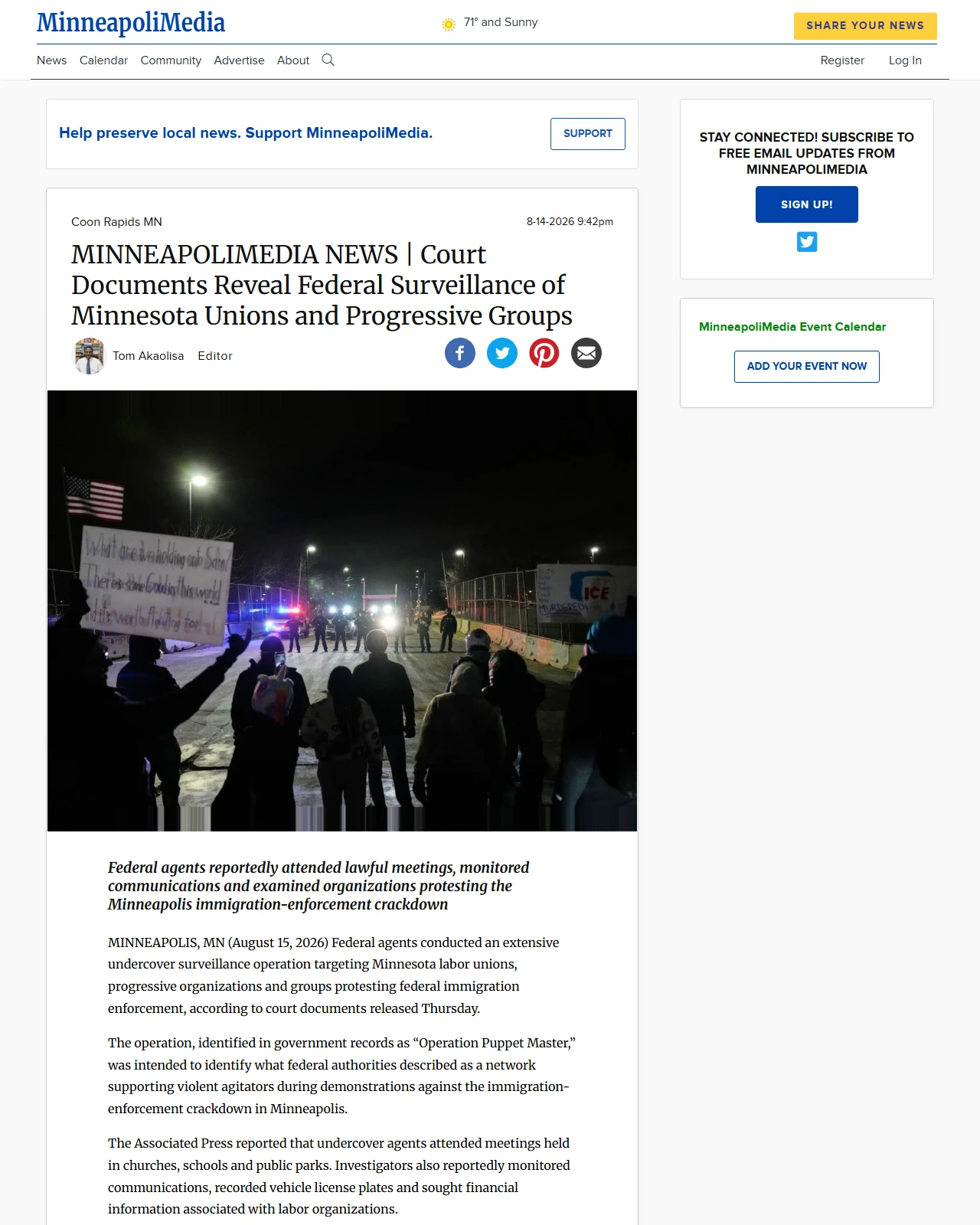 minneapolimedia.town.news as published: Court Documents Reveal Federal Surveillance of Minnesota Unions and Progressive Groups | MinneapoliMedia