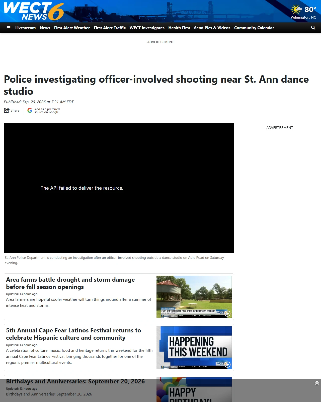 wect.com as published: Police investigating officer-involved shooting near St. Ann dance studio