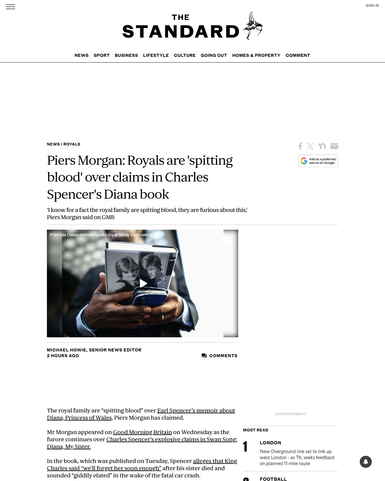 standard.co.uk as published: Piers Morgan: Royals are 'spitting blood' over claims in Charles Spencer's Diana book