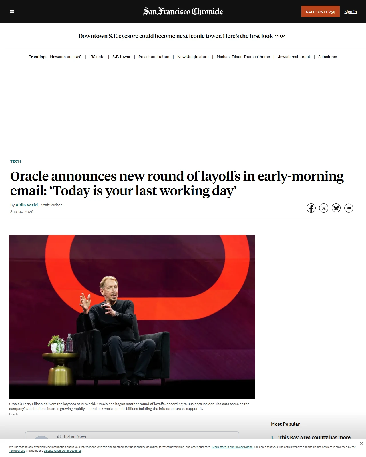 sfchronicle.com as published: Oracle announces new round of layoffs in early-morning email: ‘Today is your last working day’
