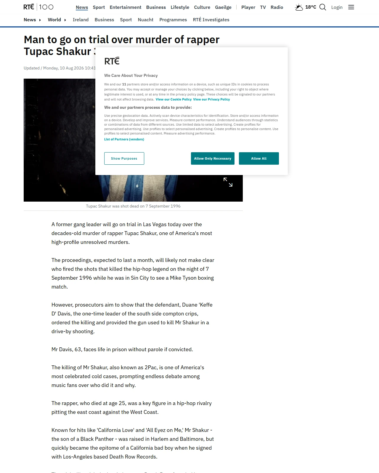 rte.ie as published: Man to go on trial over murder of rapper Tupac Shakur