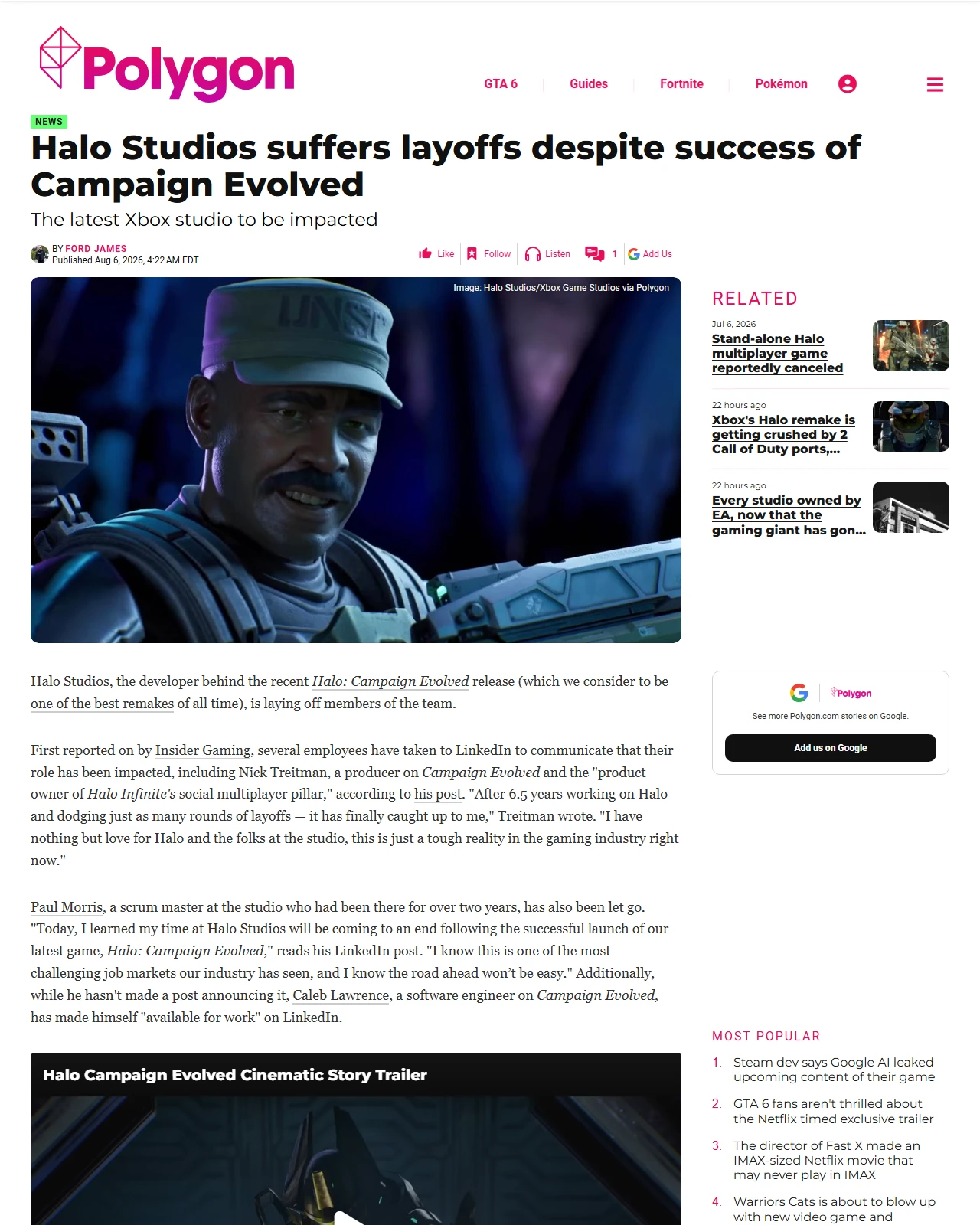 polygon.com as published: Halo Studios suffers layoffs despite success of Campaign Evolved