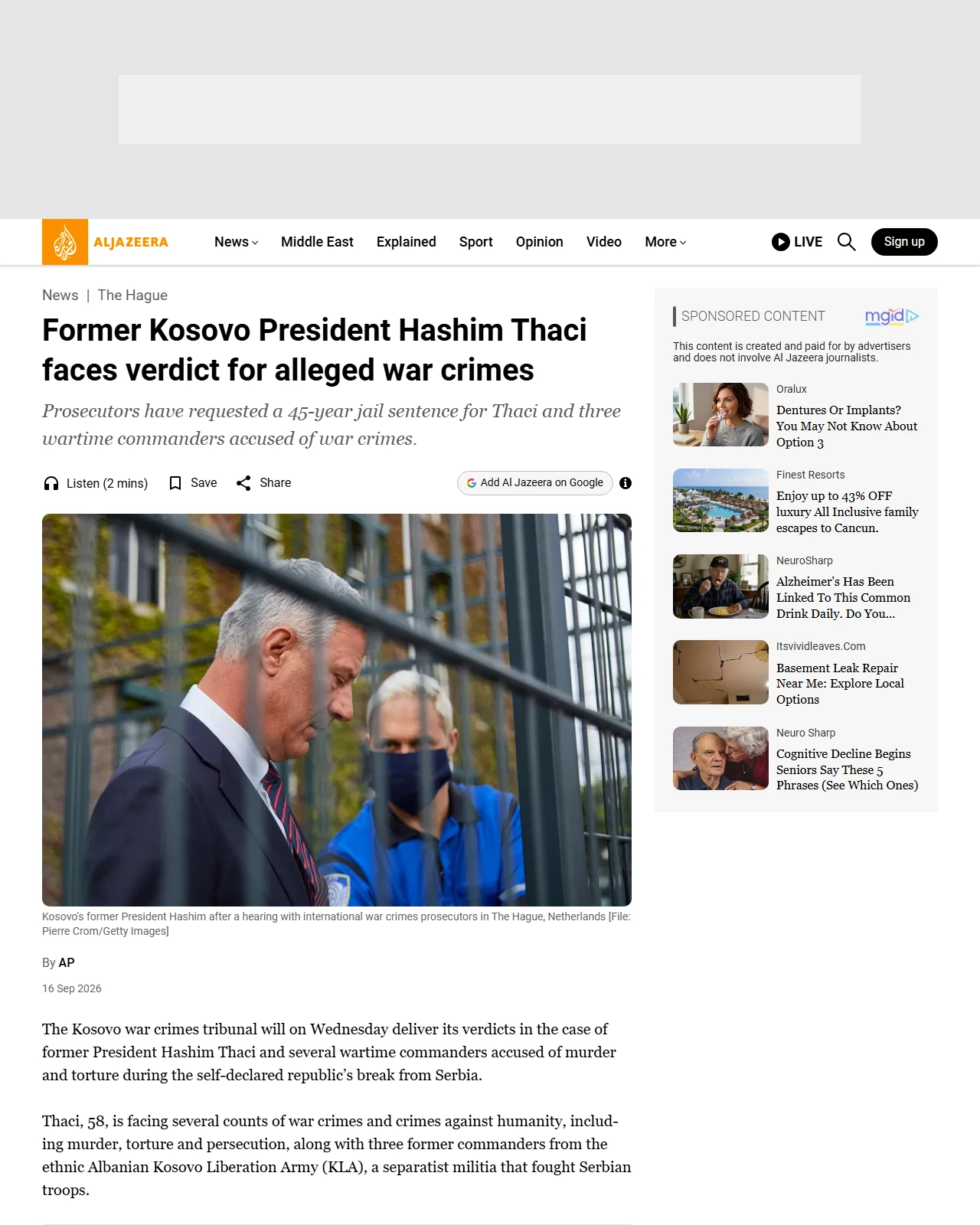 aljazeera.com as published: Former Kosovo President Hashim Thaci faces verdict for alleged war crimes