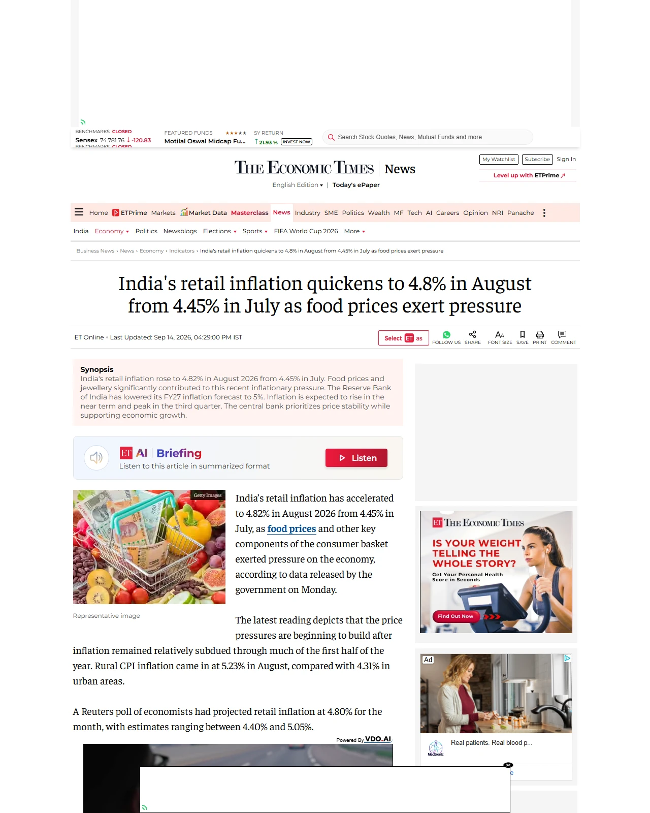 economictimes.indiatimes.com as published: India's retail inflation quickens to 4.8% in August from 4.45% in July