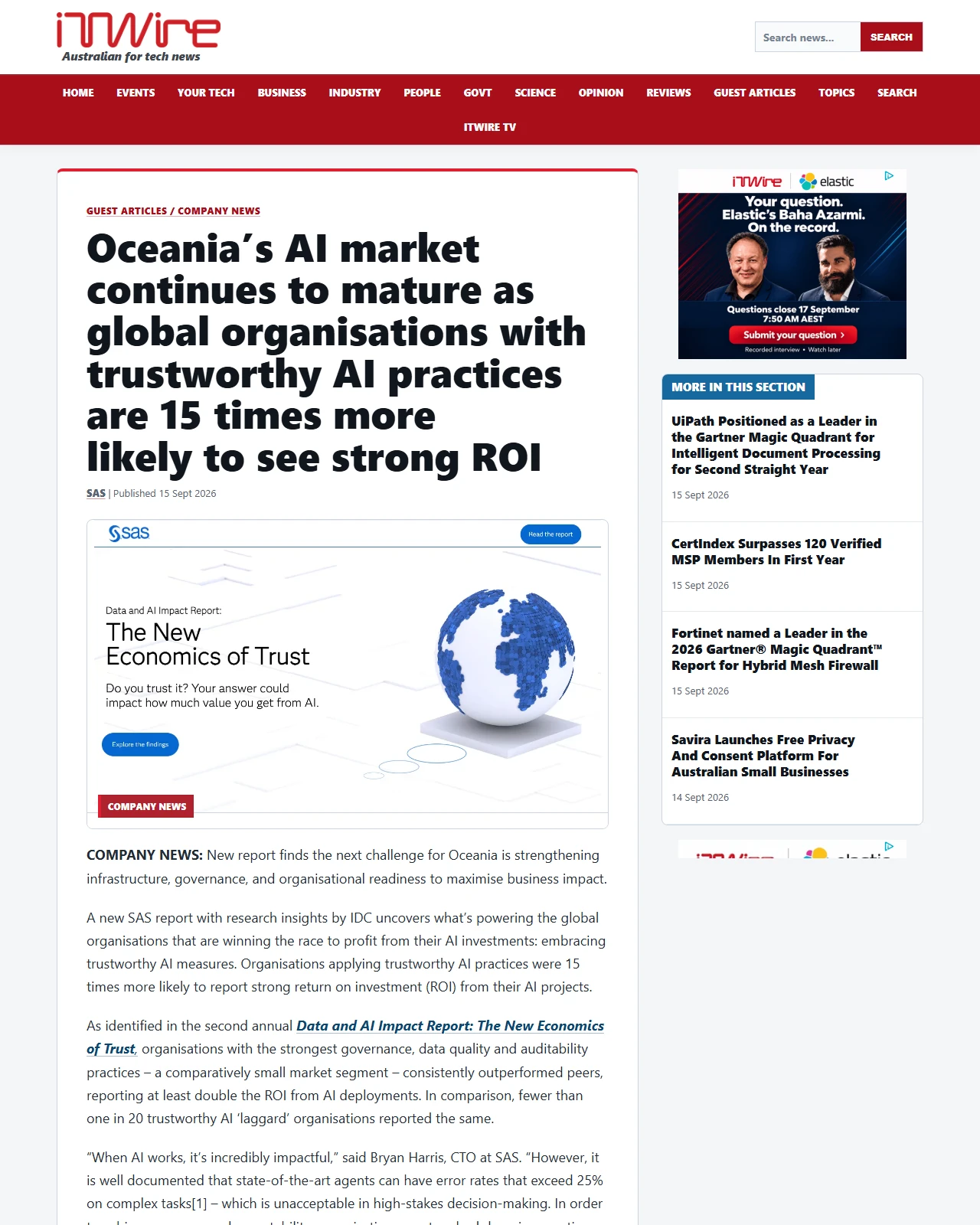 itwire.com as published: Oceania’s AI market continues to mature as global organisations with trustworthy AI practices are 15 times more likely to see strong ROI