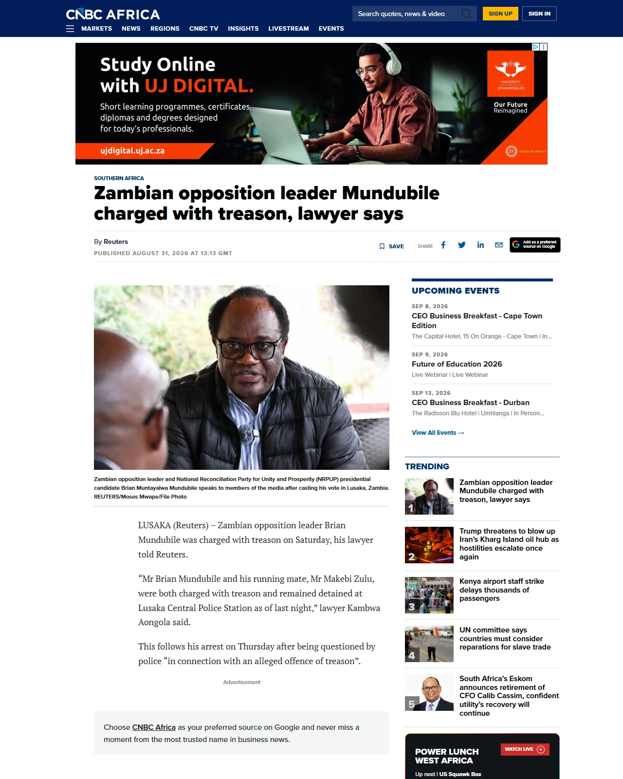 cnbcafrica.com as published: Zambian opposition leader Mundubile charged with treason, lawyer says