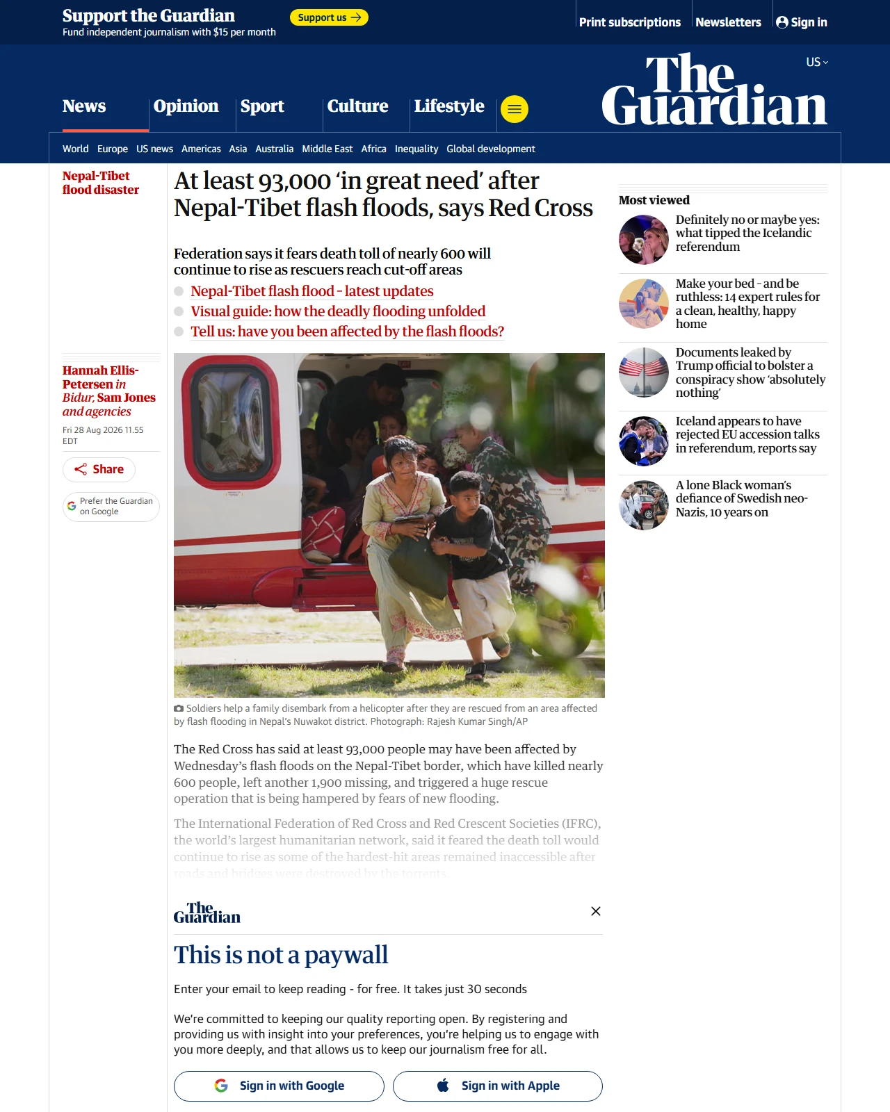 theguardian.com as published: At least 93,000 ‘in great need’ after Nepal-Tibet flash floods, says Red Cross