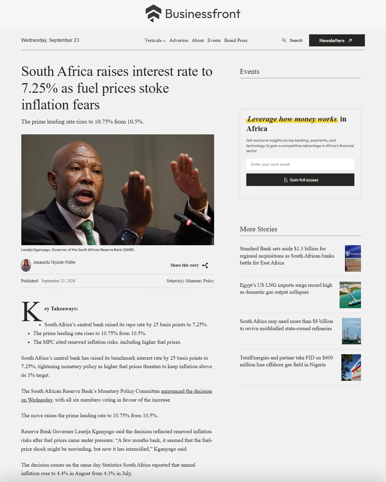 businessfront.com as published: South Africa raises interest rate to 7.25% as fuel prices stoke inflation fears