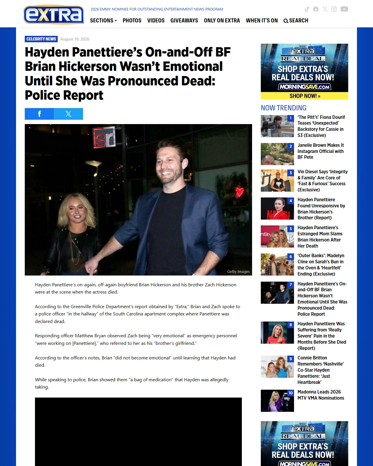 extratv.com as published: Hayden Panettiere’s BF Brian Hickerson Was at Scene When She Died: Police Report