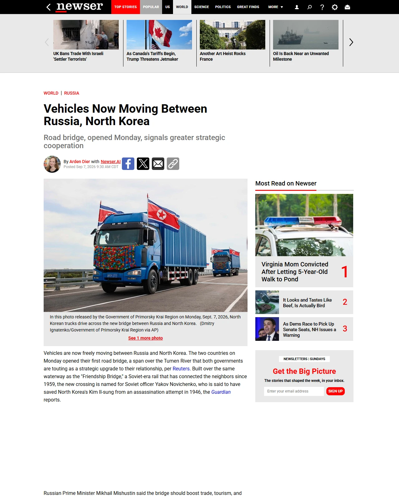 newser.com as published: Vehicles Now Moving Between Russia, North Korea