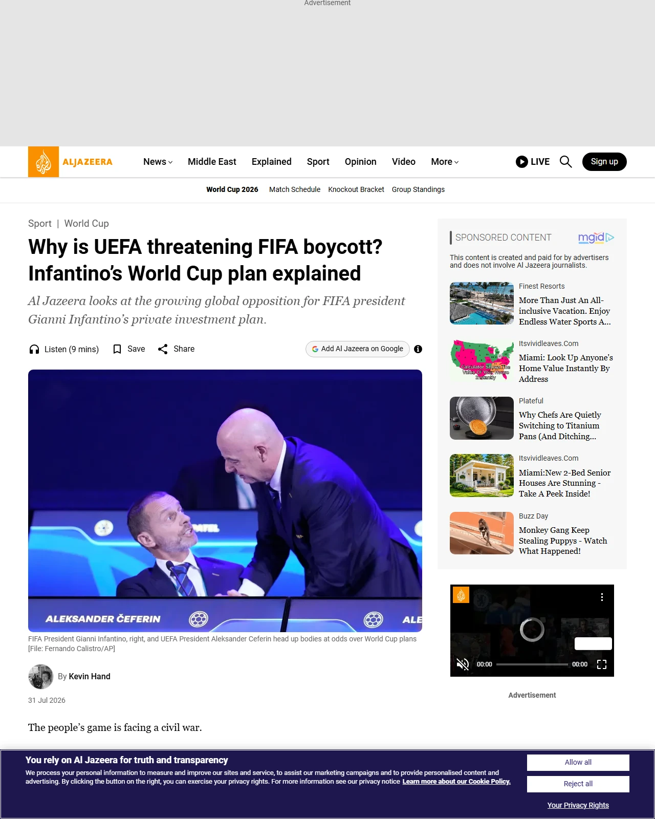aljazeera.com as published: Why is UEFA threatening FIFA boycott? Infantino’s World Cup plan explained