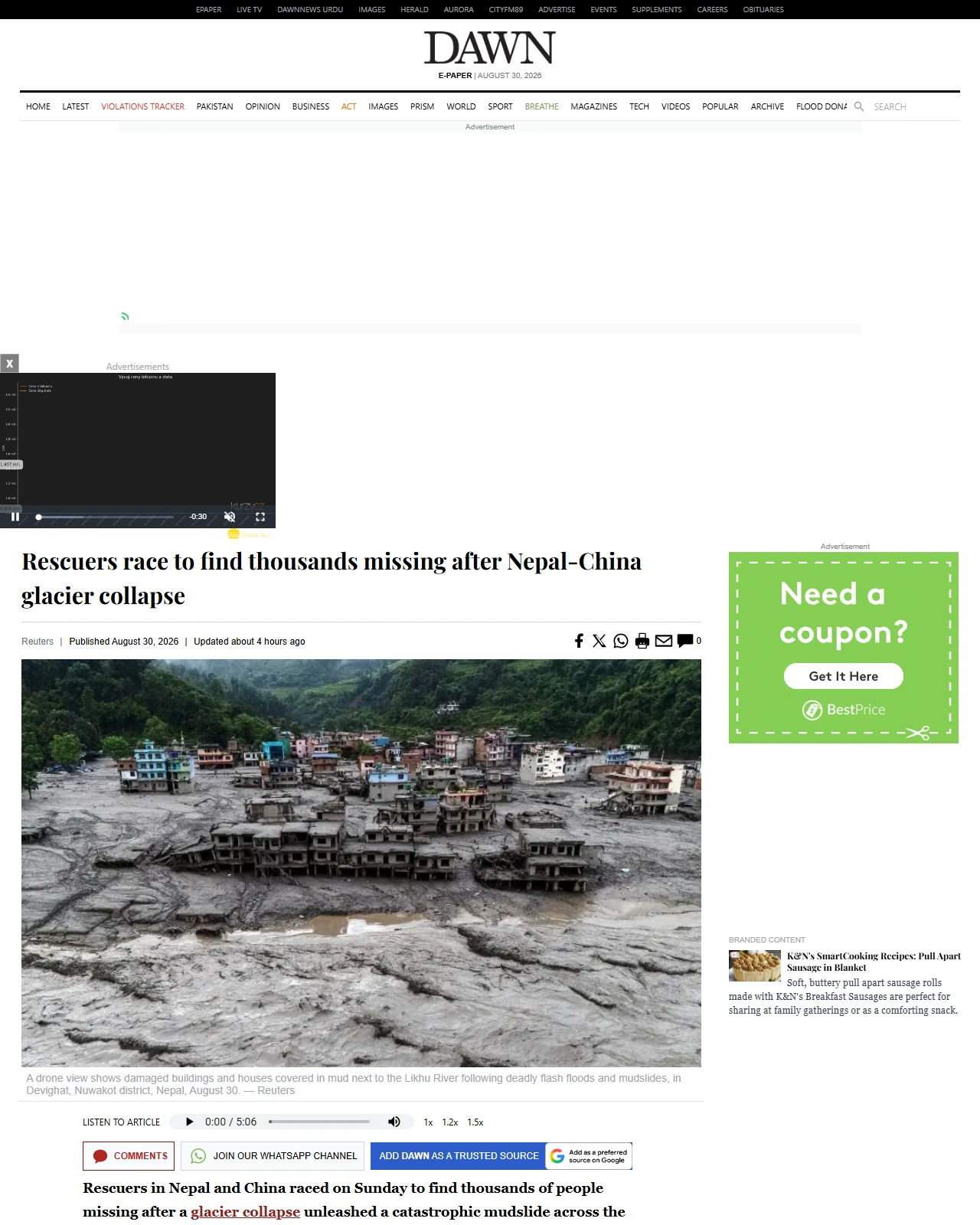 dawn.com as published: Rescuers race to find thousands missing after Nepal-China glacier collapse
