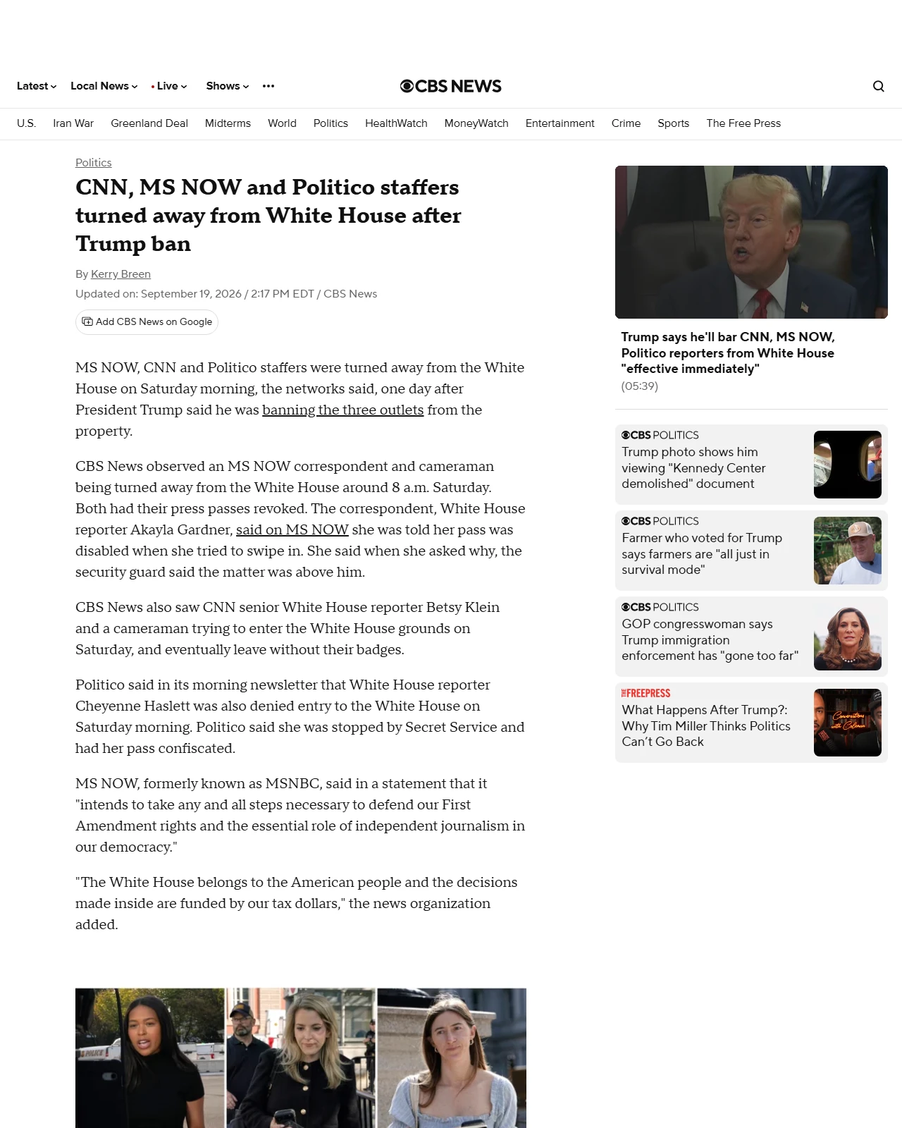 cbsnews.com as published: CNN, MS NOW and Politico staffers barred from White House after Trump ban