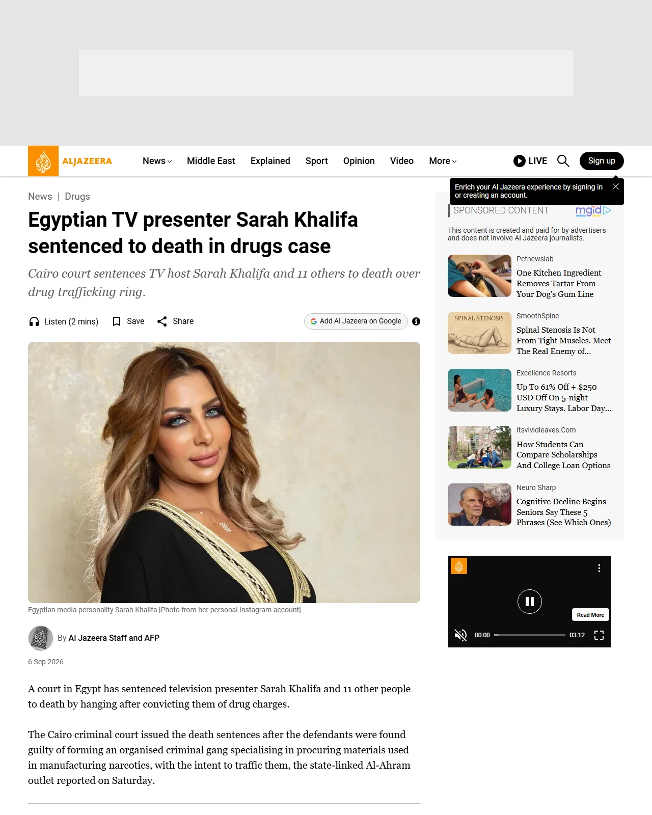 aljazeera.com as published: Egyptian TV presenter Sarah Khalifa sentenced to death in drugs case