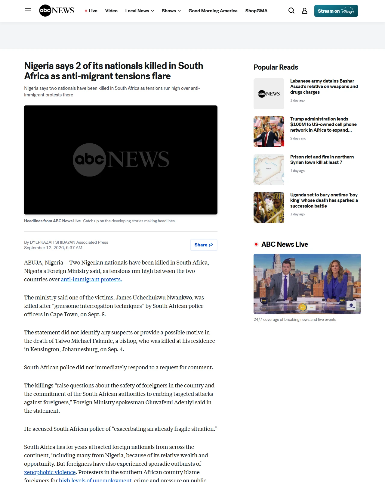 abcnews.com as published: Nigeria says 2 of its nationals killed in South Africa as anti-migrant tensions flare - ABC News