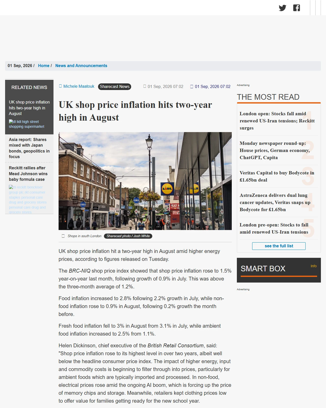 sharecast.com as published: UK shop price inflation hits two-year high in August