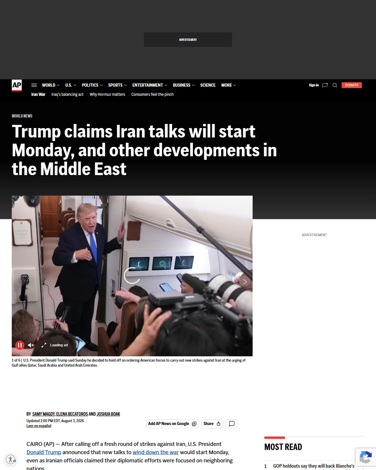 apnews.com as published: Trump claims Iran talks will start Monday, and other developments in the Middle East